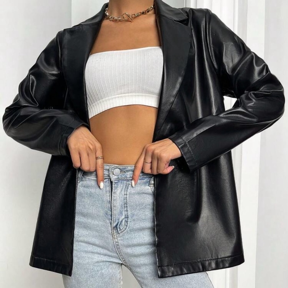 SHEIN Black Oversized Leather Jacket Classic Style